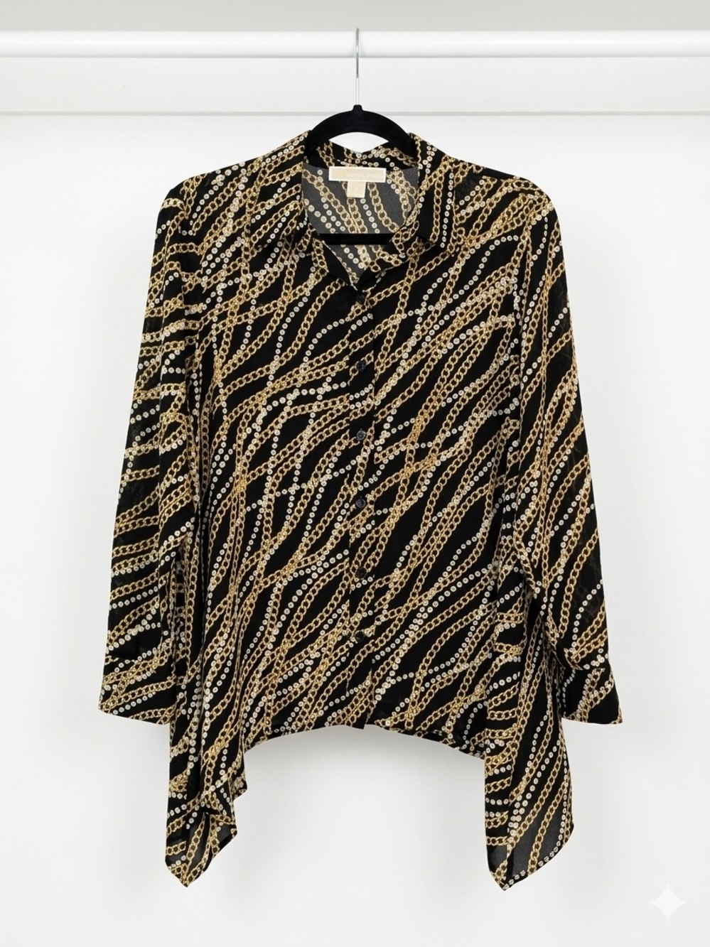 Michael Kors Chain Link Print Sharkbite Hem Blouse Black Gold Vintage Size PL
